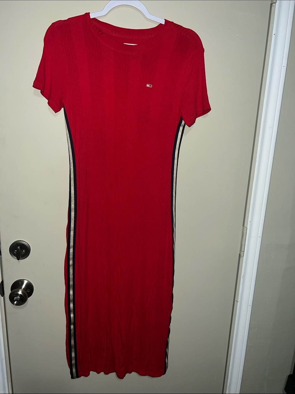 Tommy Hilfiger Red Ribbed Midi Dress with Navy and White Side Stripes
